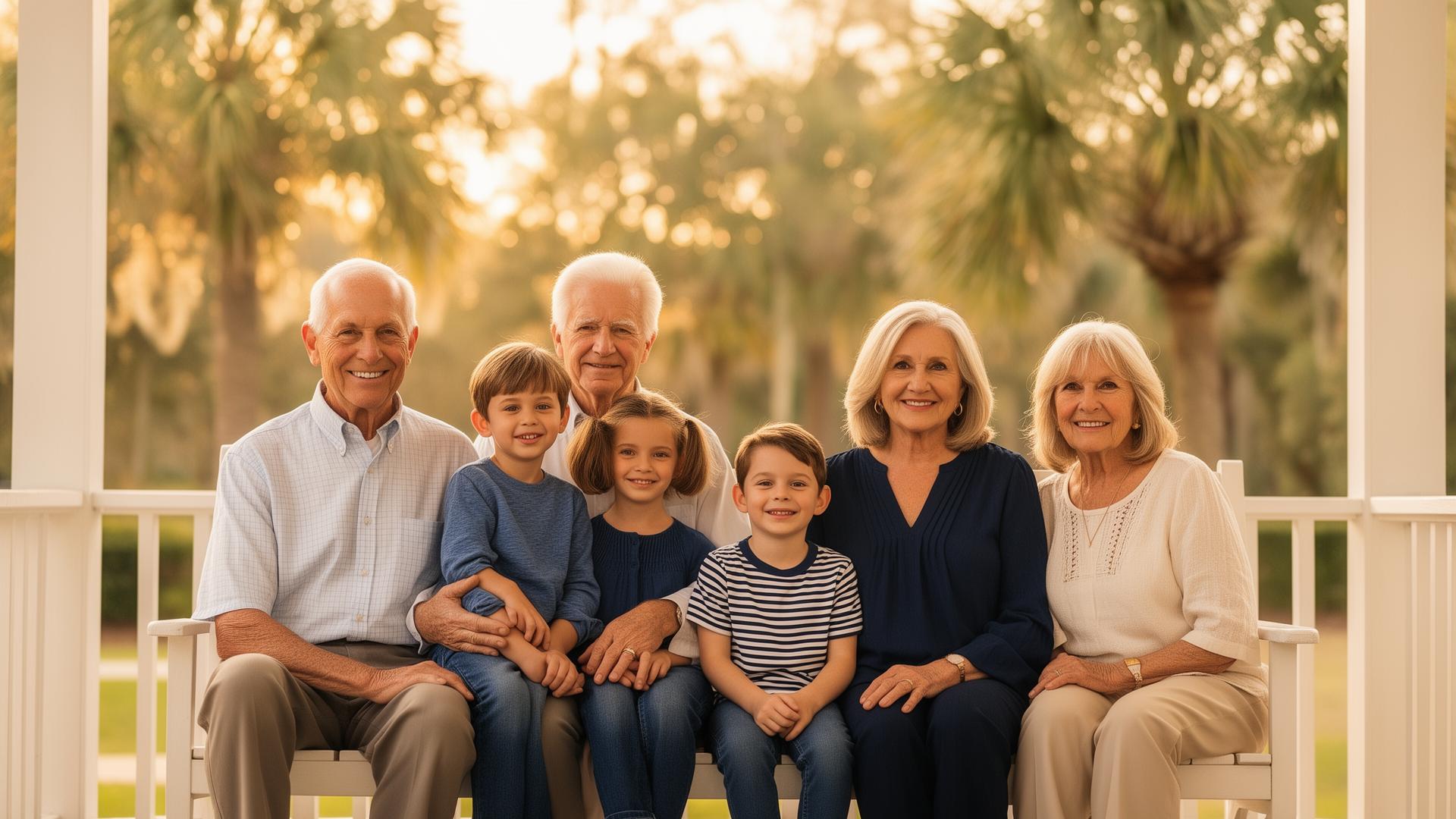 A multi-generational Florida family on a sunlit front porch